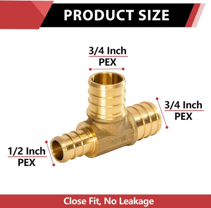 (Pack of 5)  3/4" X1/2"X 3/4" Pex Reducing Tee Barb Crimp Brass Fittings, ASTM F1807