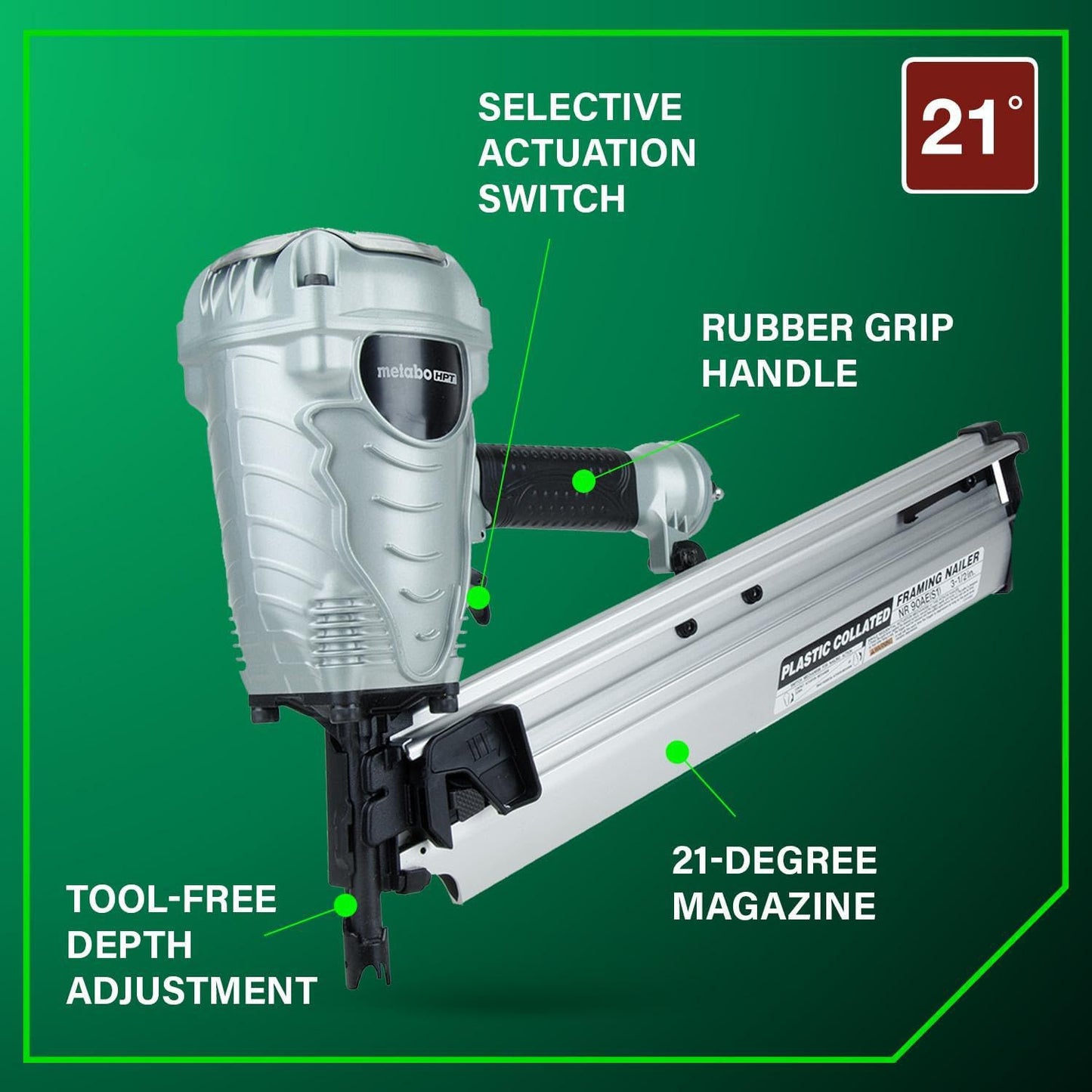 Framing Nailer, Pro Preferred Brand of Pneumatic Nailers, 21 Degree Magazine, Accepts 2-Inch to 3-1/2-Inch Plastic Collated Nails, Ideal for Framing, Flooring, & Roof Decking, NR90AES1