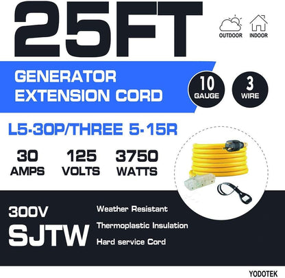 25 Feet Heavy Duty Generator Extension Cord,Generator Locking Cord,Nema L5-30P/Three 5-15R, 3 Prong 10 Gauge Flexible Generator Cable, Generator Power Cord,30Amp 3750 Watts