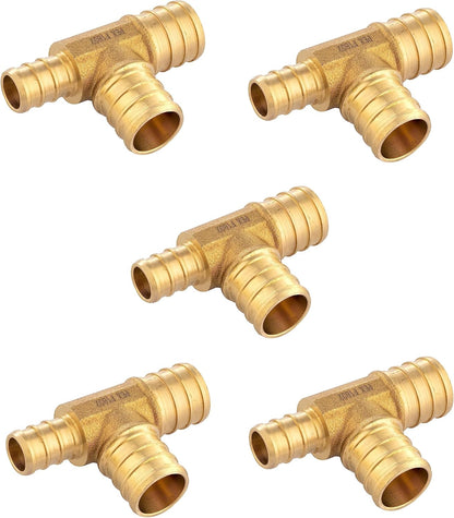 (Pack of 5)  3/4" X1/2"X 3/4" Pex Reducing Tee Barb Crimp Brass Fittings, ASTM F1807