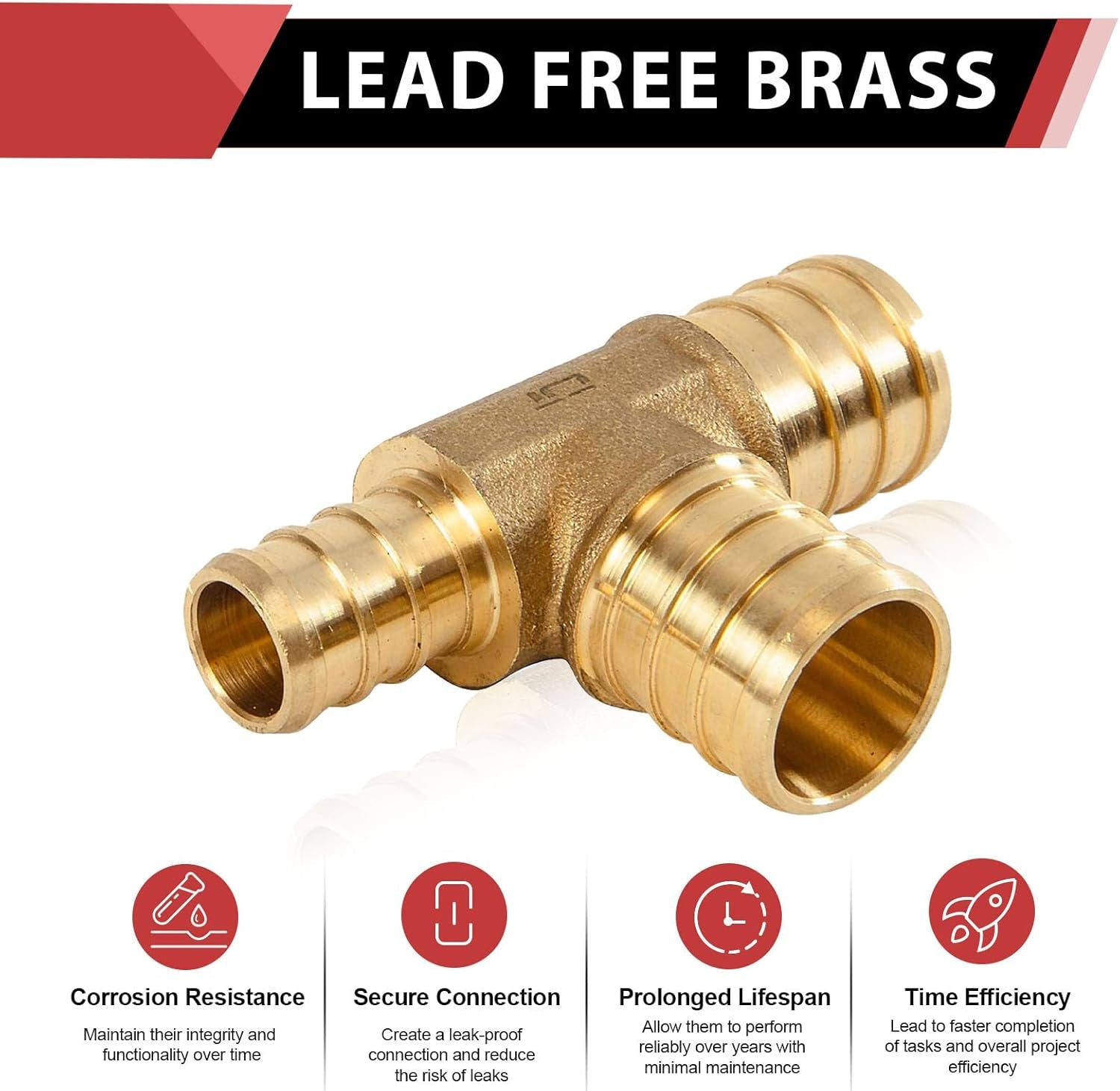 (Pack of 5)  3/4" X1/2"X 3/4" Pex Reducing Tee Barb Crimp Brass Fittings, ASTM F1807