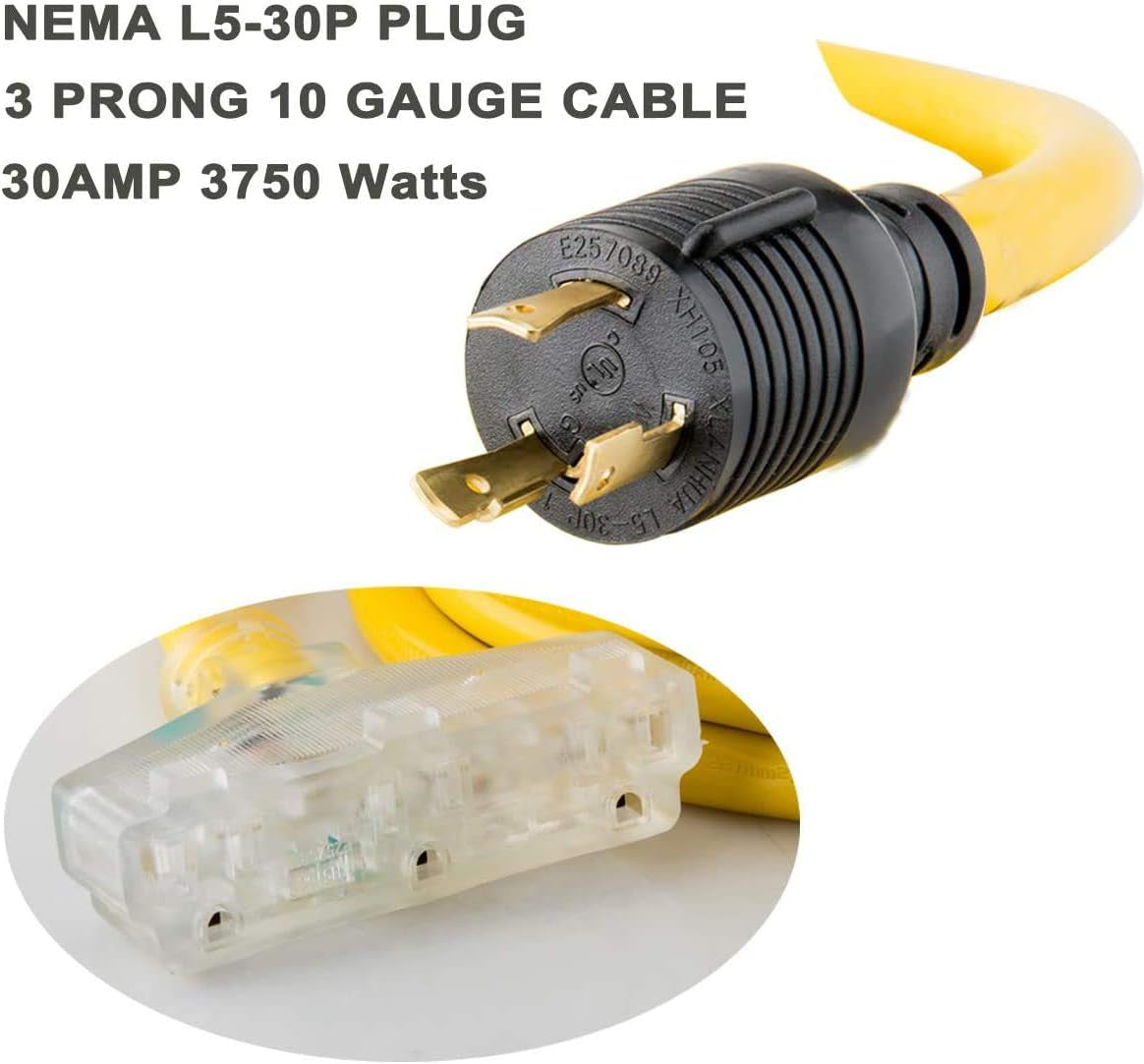 25 Feet Heavy Duty Generator Extension Cord,Generator Locking Cord,Nema L5-30P/Three 5-15R, 3 Prong 10 Gauge Flexible Generator Cable, Generator Power Cord,30Amp 3750 Watts